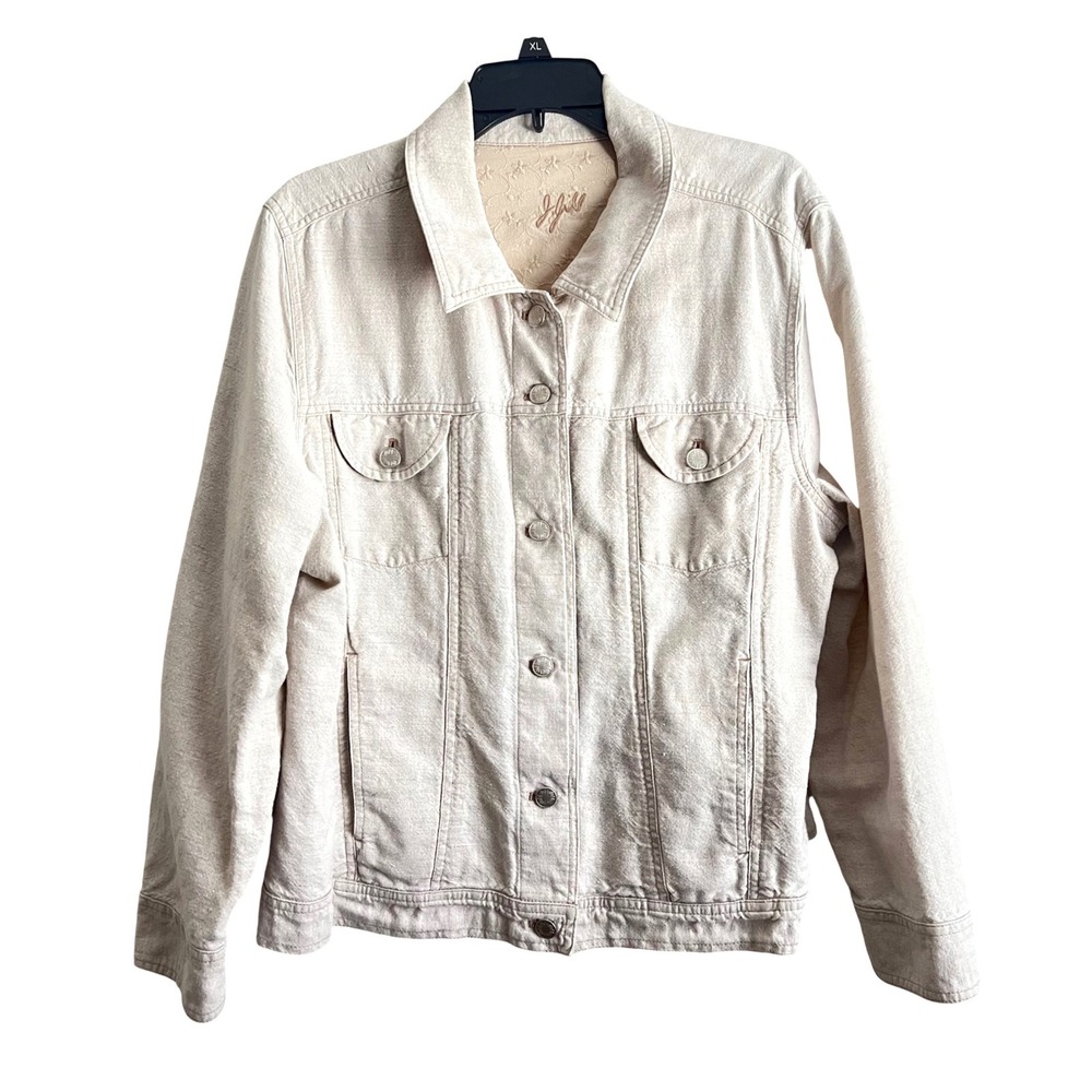 J. Jill Beige Linen Blend Button Front Trucker Jacket XLP Petite Oatmeal Tan